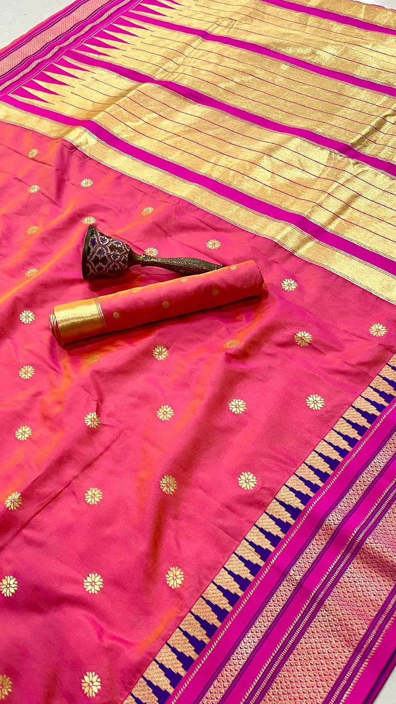 Peach and Pink Temple border Kanchi Soft Silk Sarees