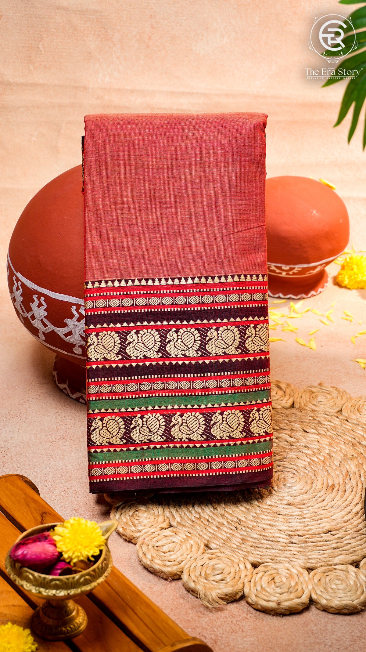 Peach & Brown Peacock Double Layered Handloom Narayanpet Cotton Saree