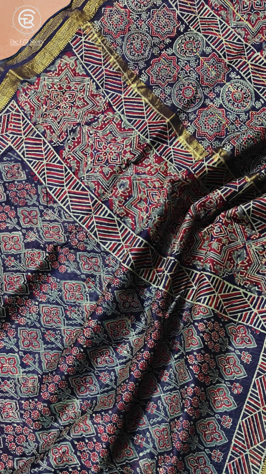 Blue Ajrakh Inspired Floral Handblocked Pure Maheshwari Cotton Sarees