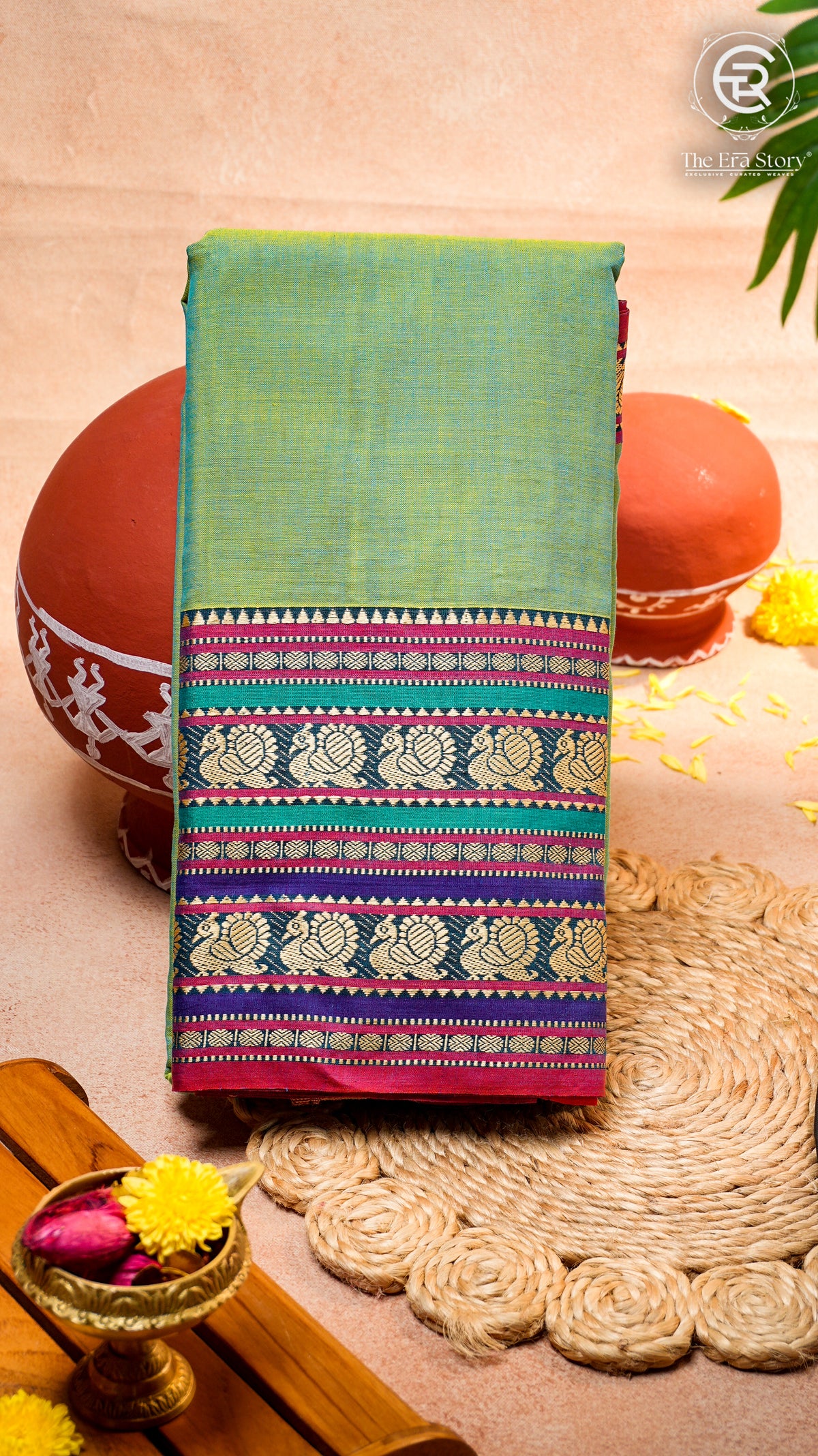 Sage Green & Pink Peacock Double Layered Handloom Narayanpet Cotton Saree