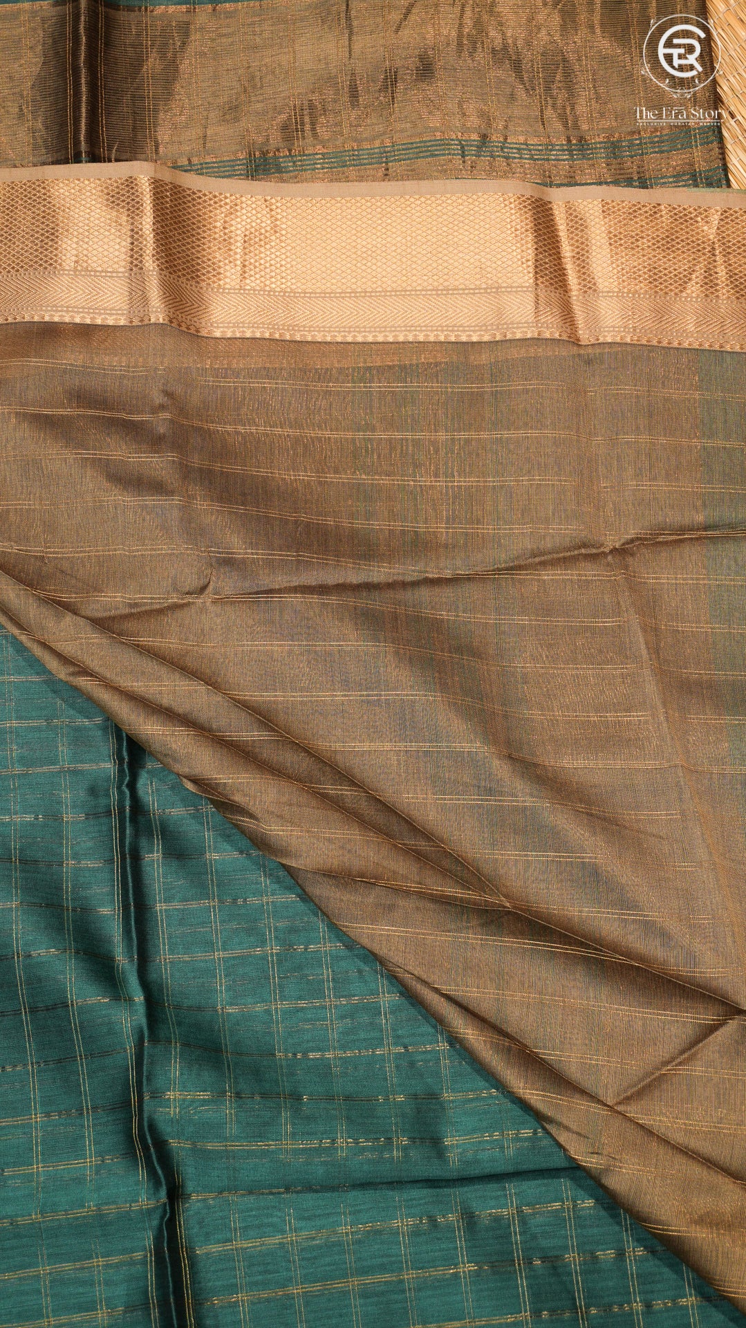 Deep Sea Green Checked Zari Handloom Pure Maheshwari Silk Saree