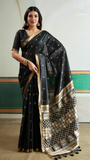 Black Triangle Ikkat Handloom Tussar Silk Saree