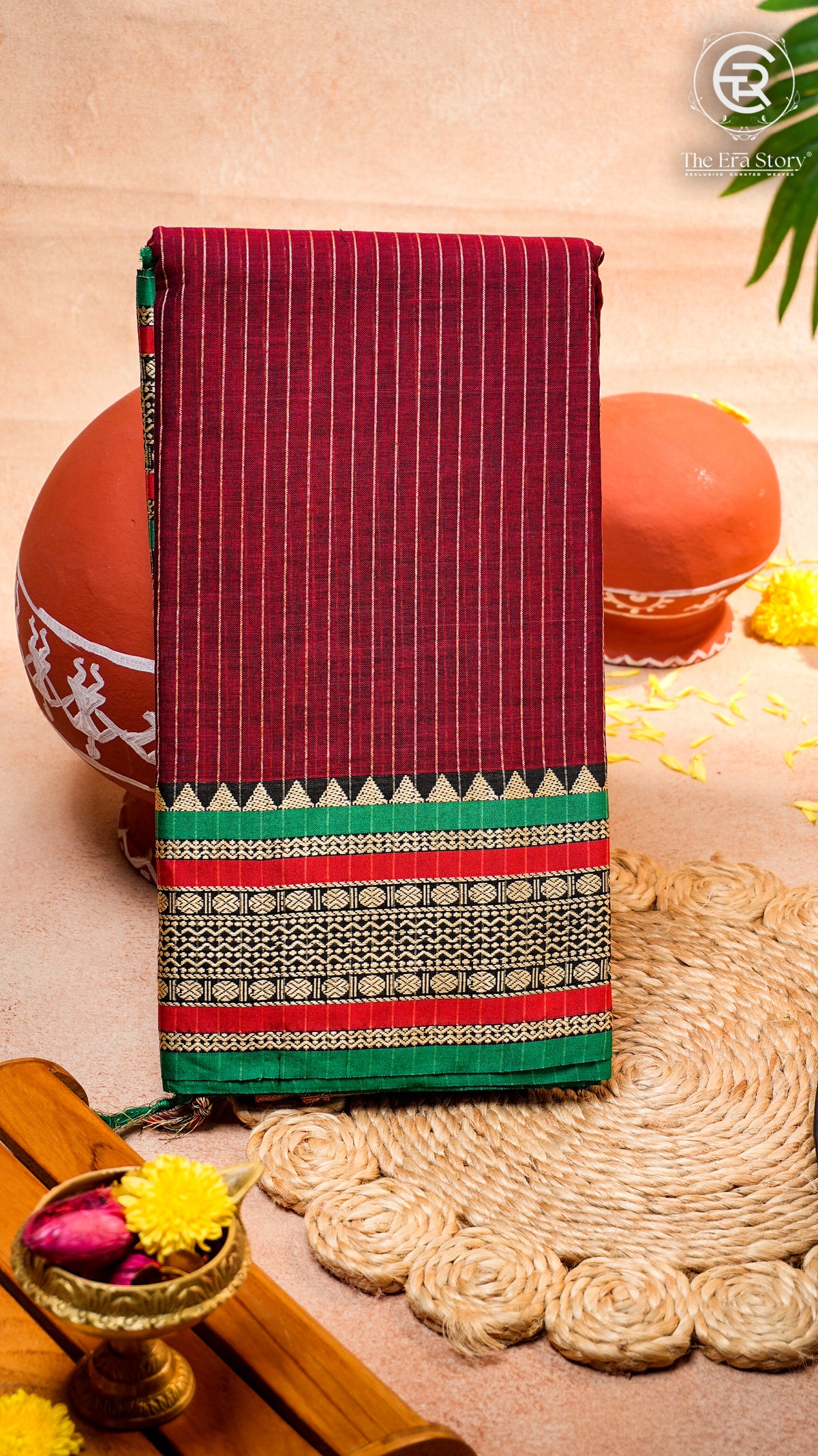 Maroon & Green Line Patterned Temple Border Handloom Narayanpet Cotton Saree