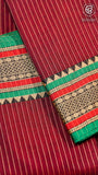 Maroon & Green Line Patterned Temple Border Handloom Narayanpet Cotton Saree