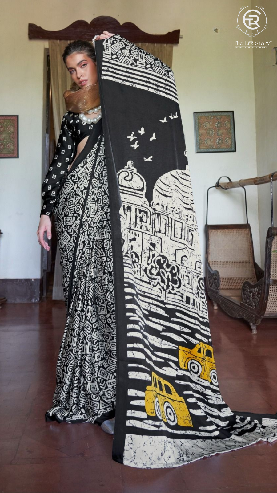Black White & Yellow Contemporary Satin Modal Silk Saree