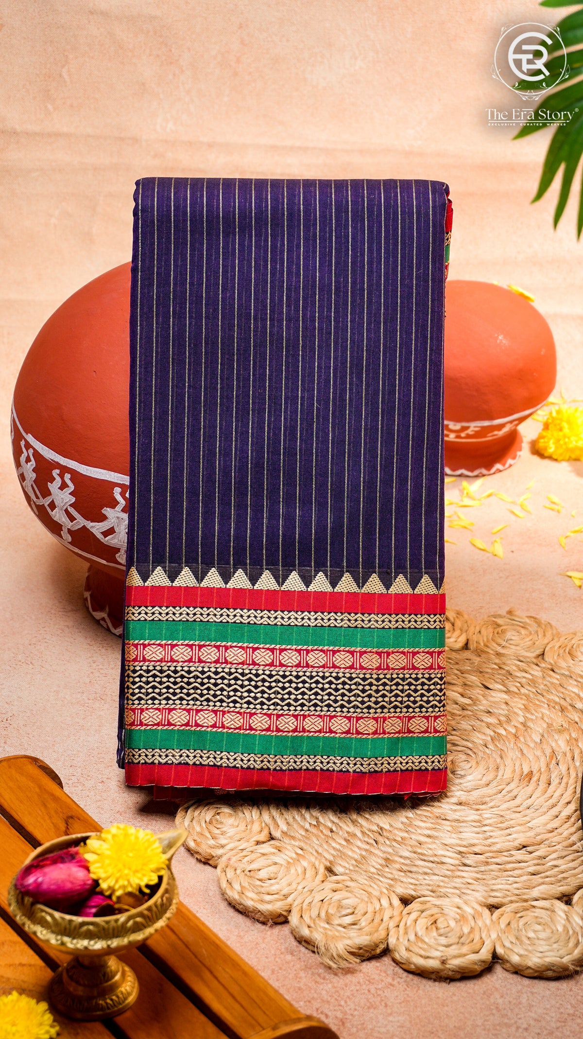 Blue and Red Line Patterned Temple Border Handloom Narayanpet Cotton Saree