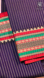 Blue and Red Line Patterned Temple Border Handloom Narayanpet Cotton Saree