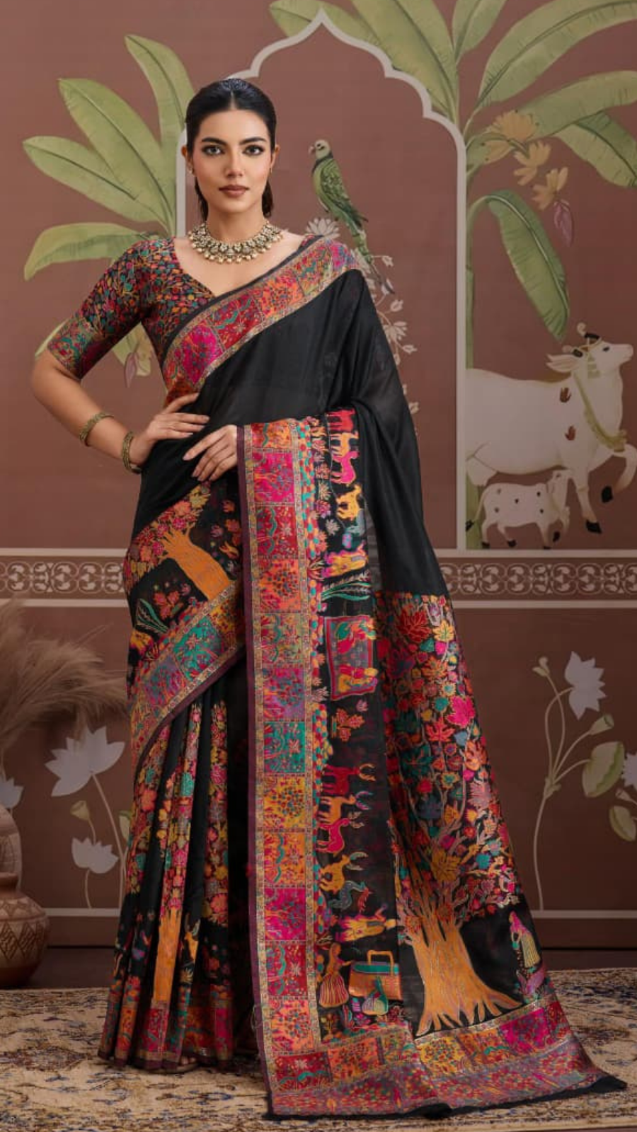Black Festive Tree Pure Kashmiri Festive Weave Cotton Saree
