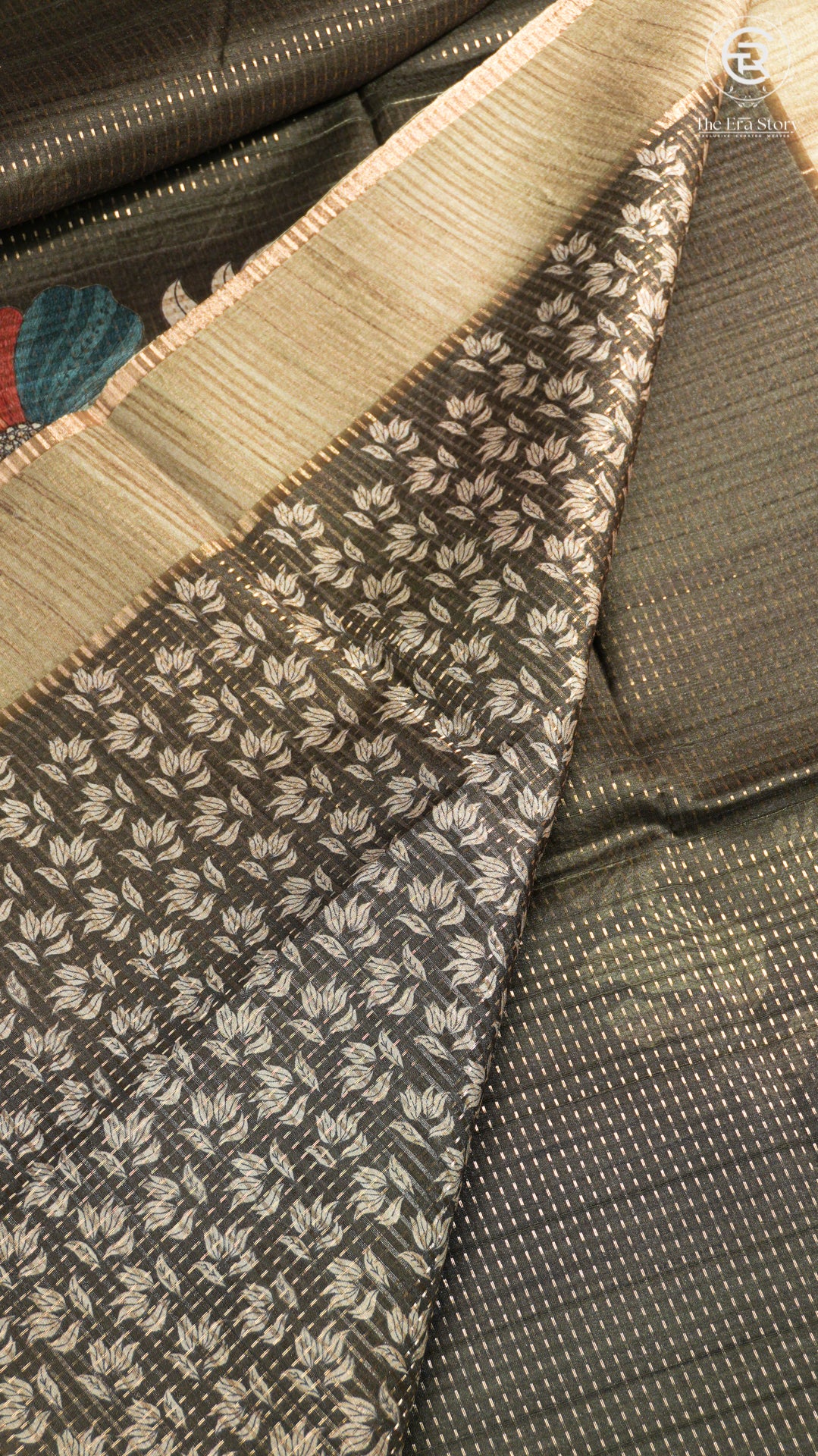 Black and Beige Floral Kantha Matka Tussar Silk Saree