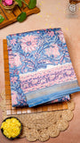 Blue and Pink Floral Handblocked Pure Maheshwari Cotton Sarees