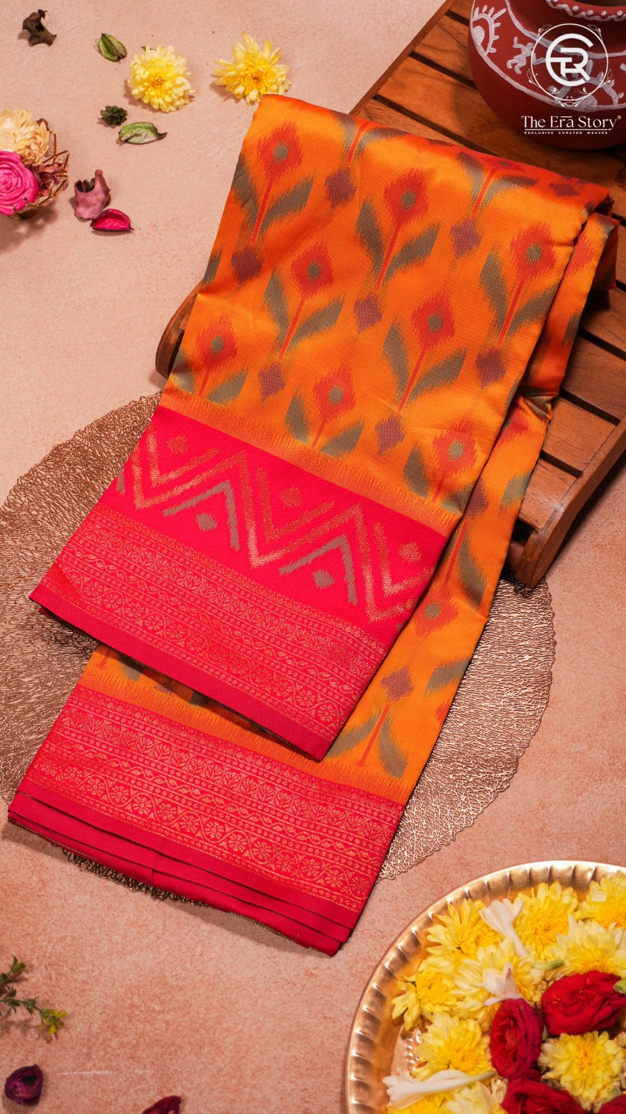 Yellow and Pink Floral Banarasi Silk Saree