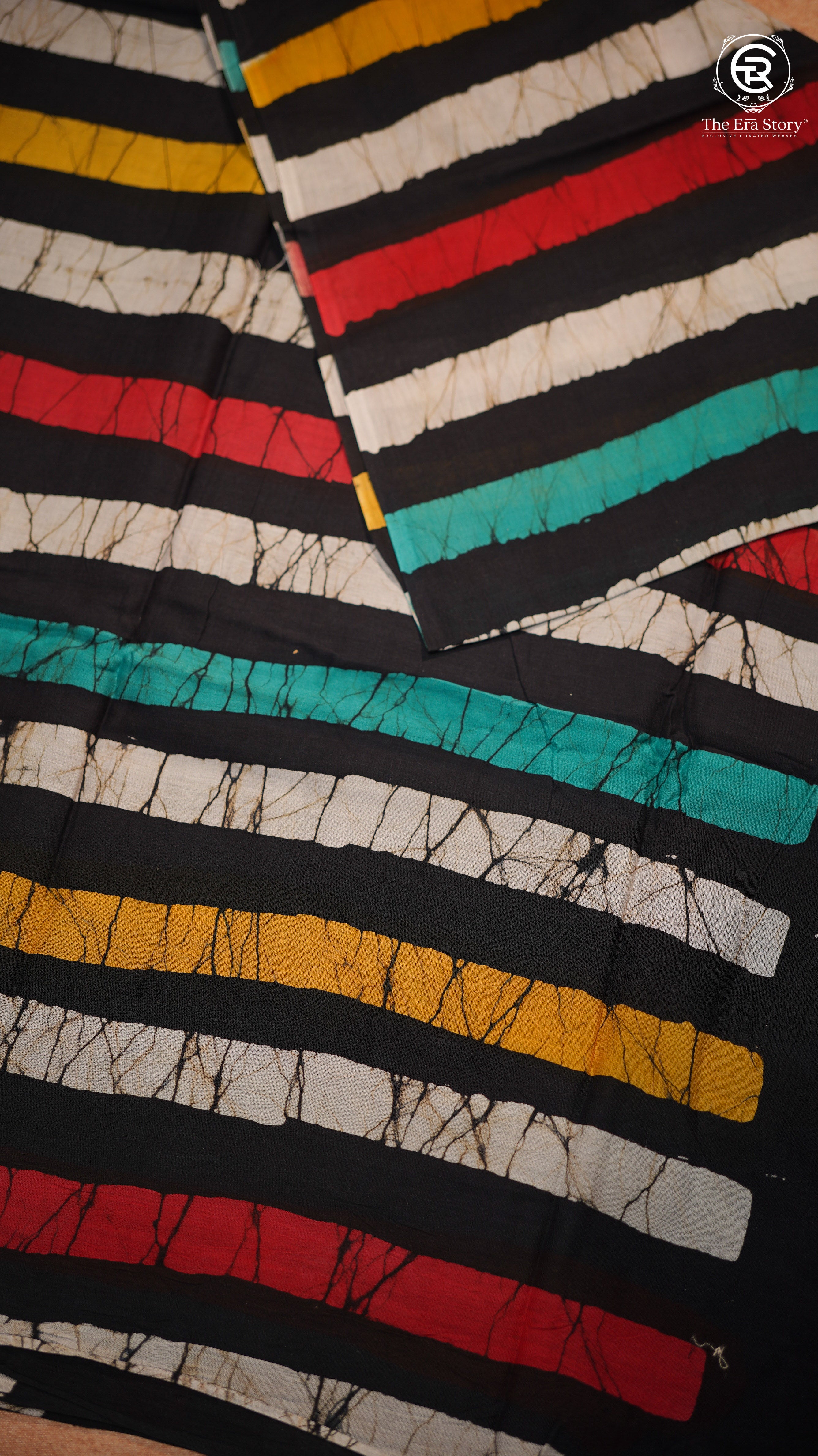Black and Multi Color Line Patterned Handblocked Pure Mul Cotton Saree