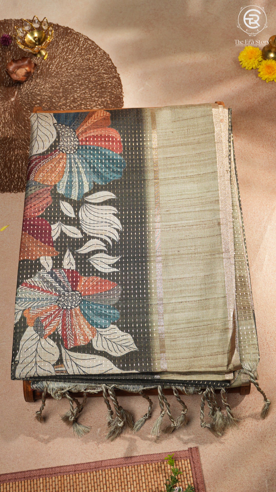 Black and Beige Floral Kantha Matka Tussar Silk Saree