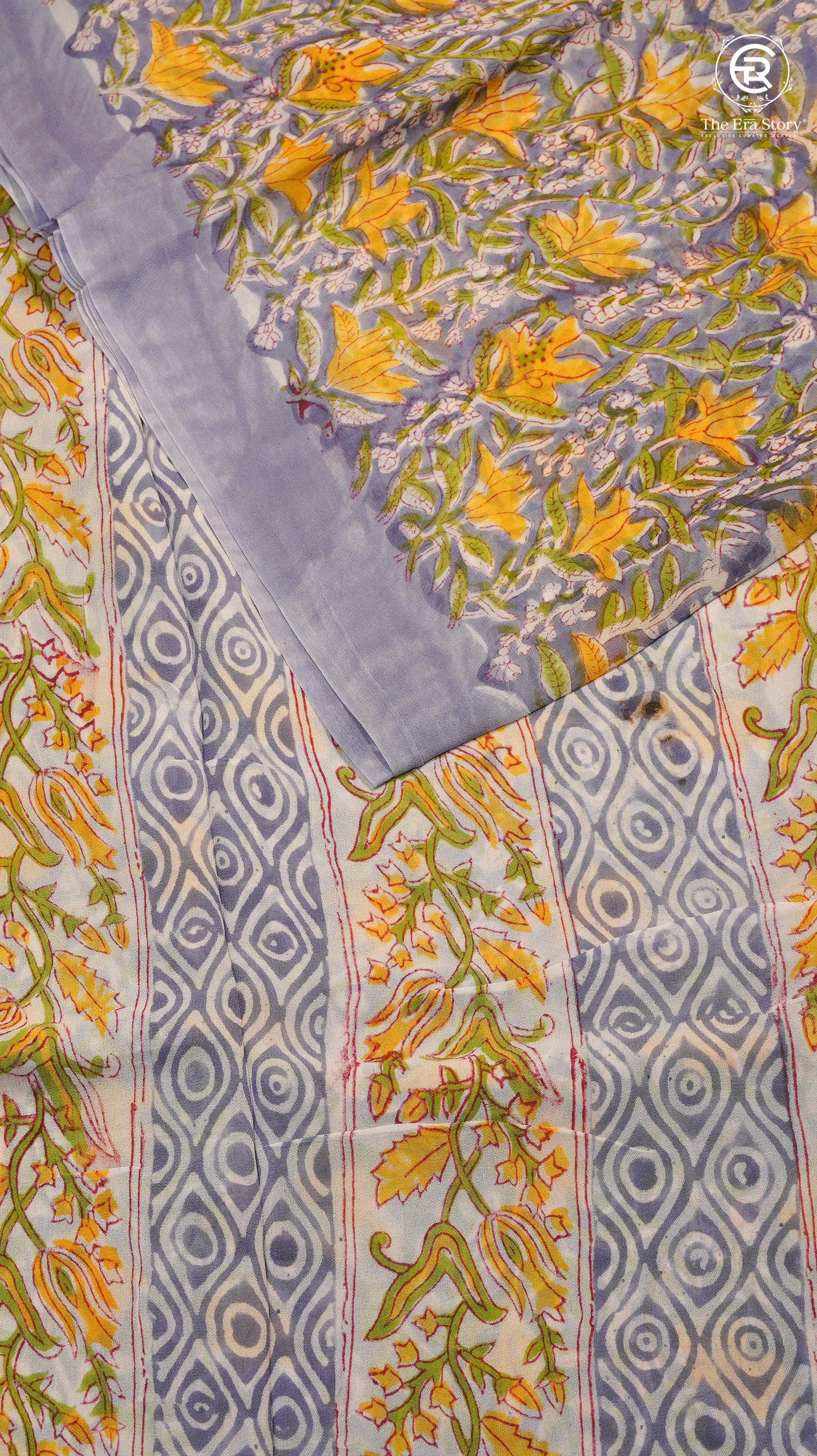Lavender Blue & Yellow Floral Handblocked Pure Georgette Saree