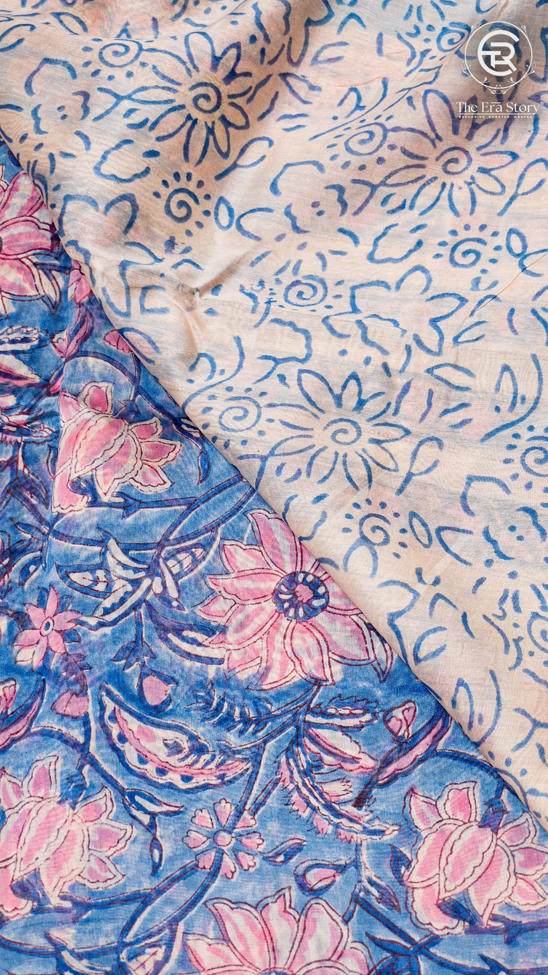 Blue and Pink Floral Handblocked Pure Maheshwari Cotton Sarees