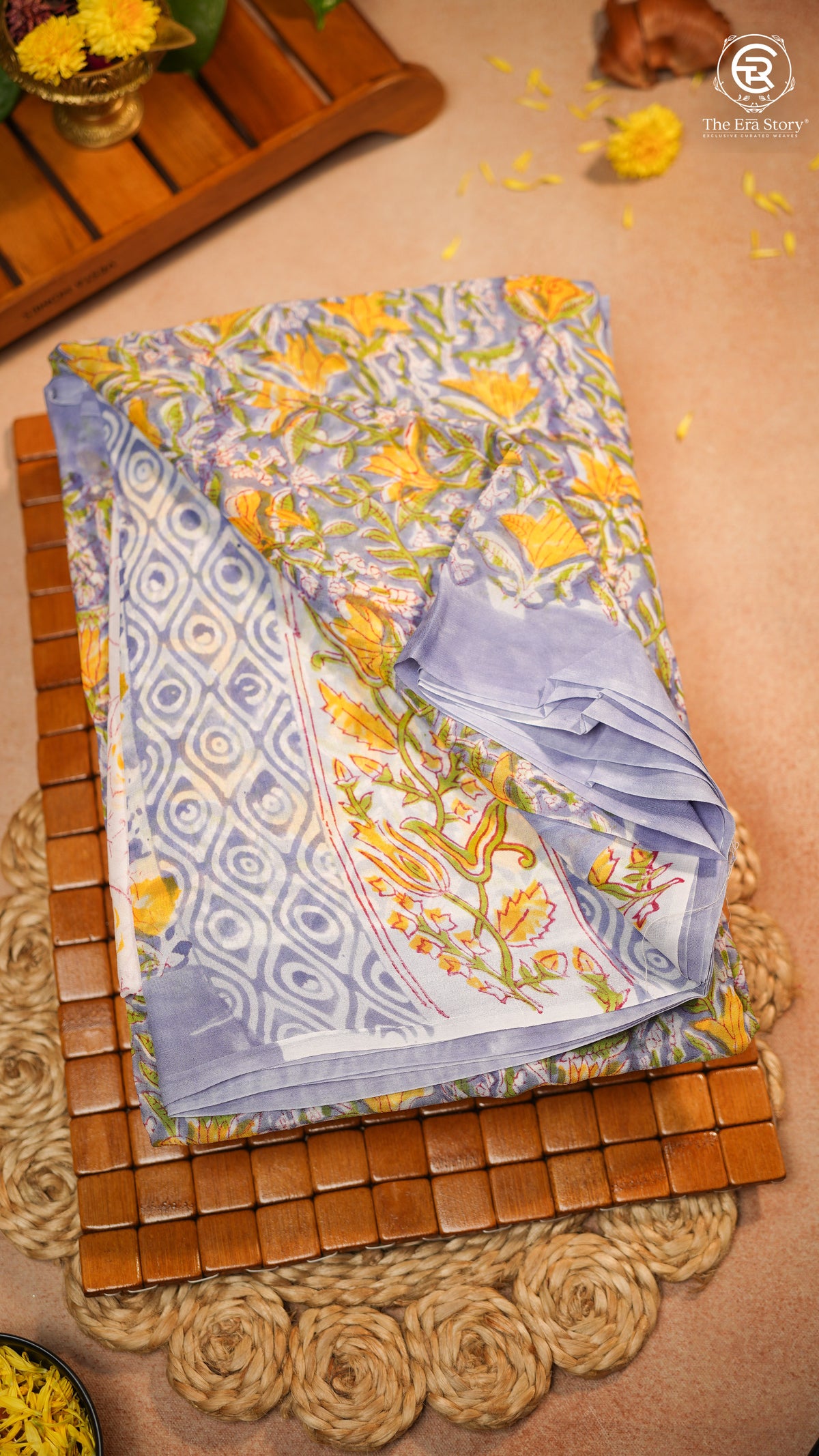 Lavender Blue & Yellow Floral Handblocked Pure Georgette Saree