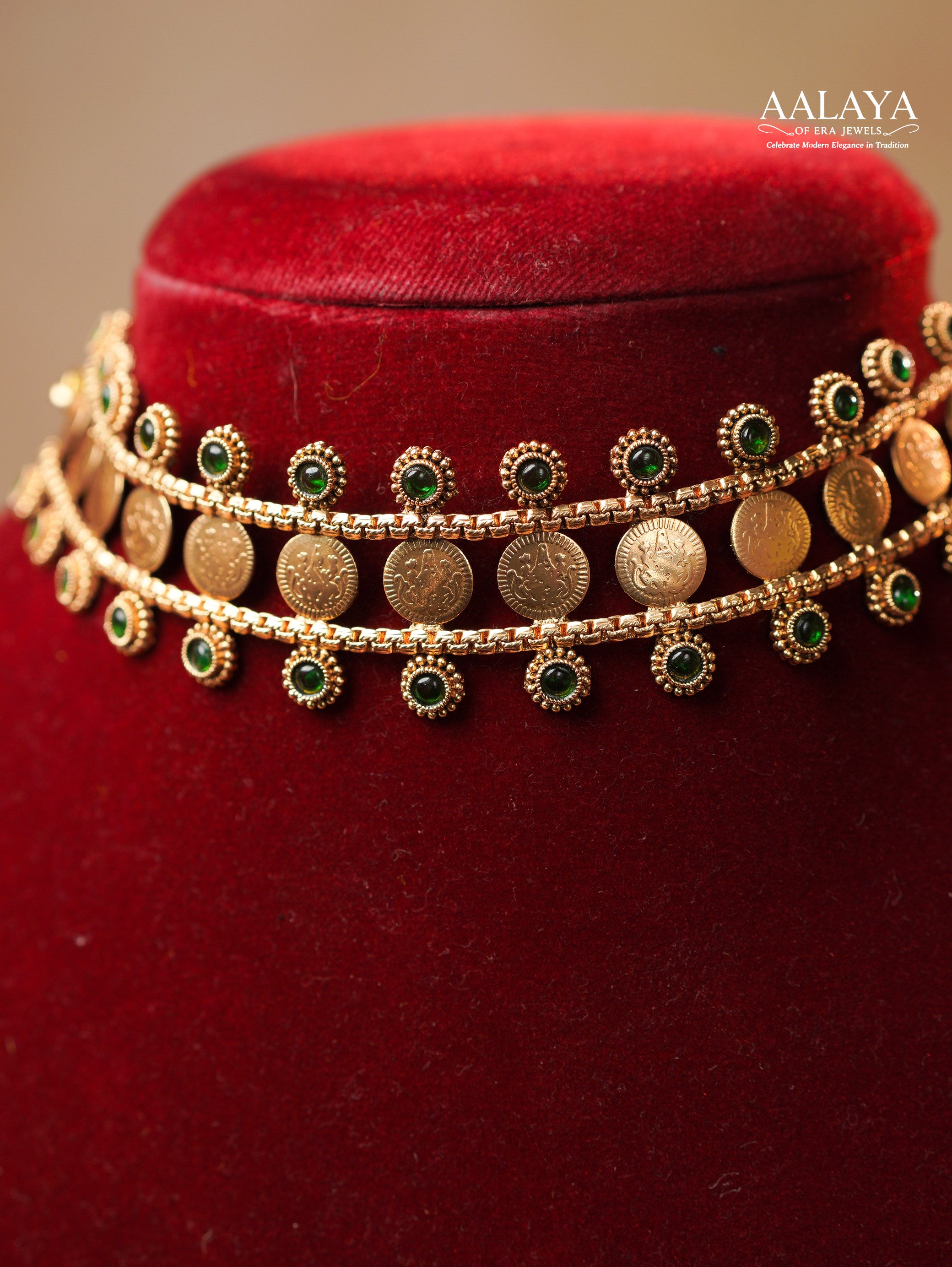 Aalaya Antique Emerald Gold Coin Choker Necklace Set