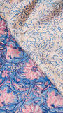 Blue and Pink Floral Handblocked Pure Maheshwari Cotton Sarees