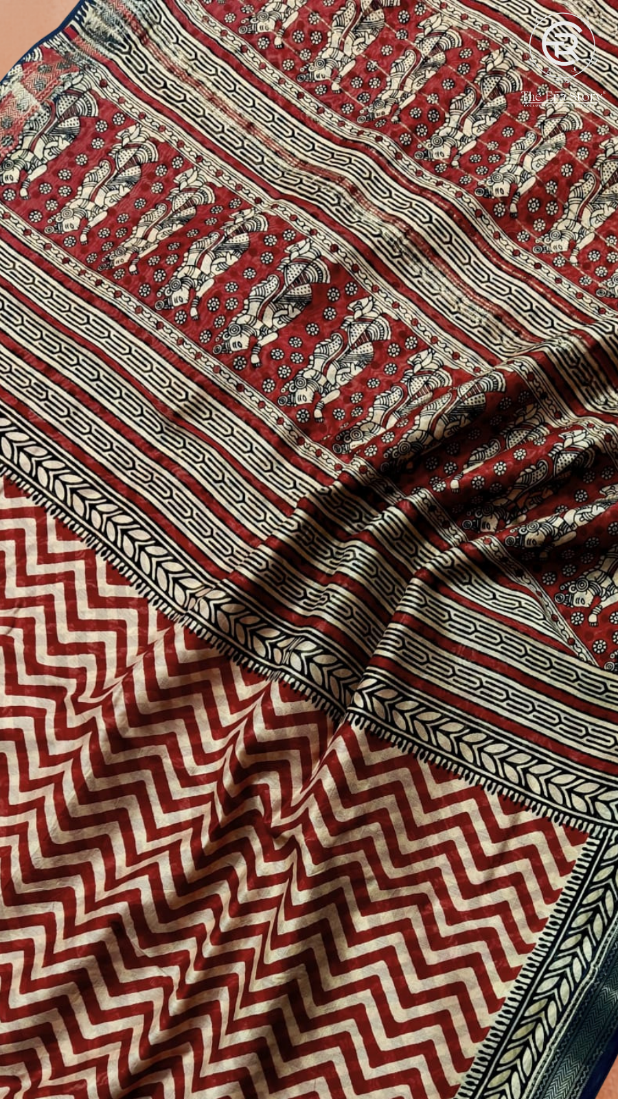 White & Red ZigZag Handblocked Pure Maheshwari Cotton Sarees