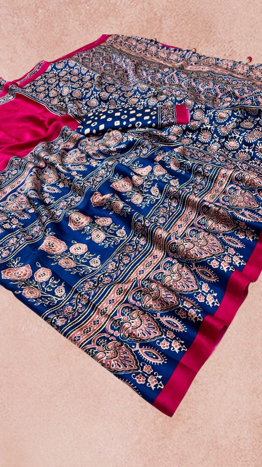 Pink and Blue Ajrakh Satin Crepe Silk Saree