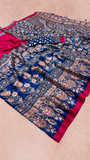 Pink and Blue Ajrakh Satin Crepe Silk Saree