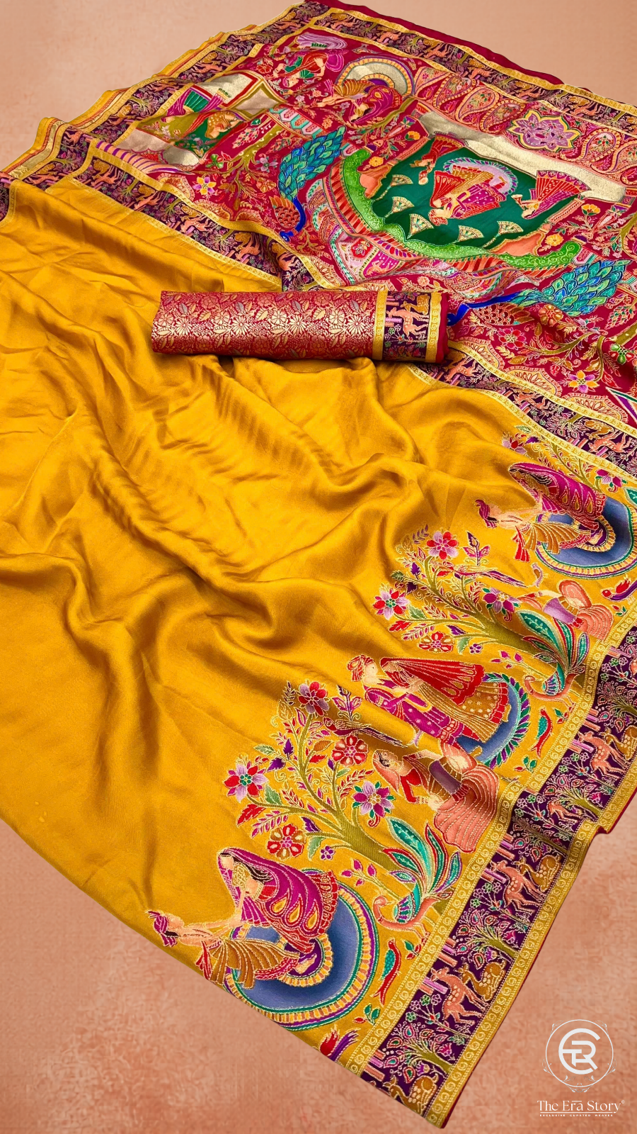 Yellow & Blue Festive Print Crepe Banarasi Saree