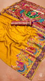 Yellow & Blue Festive Print Crepe Banarasi Saree