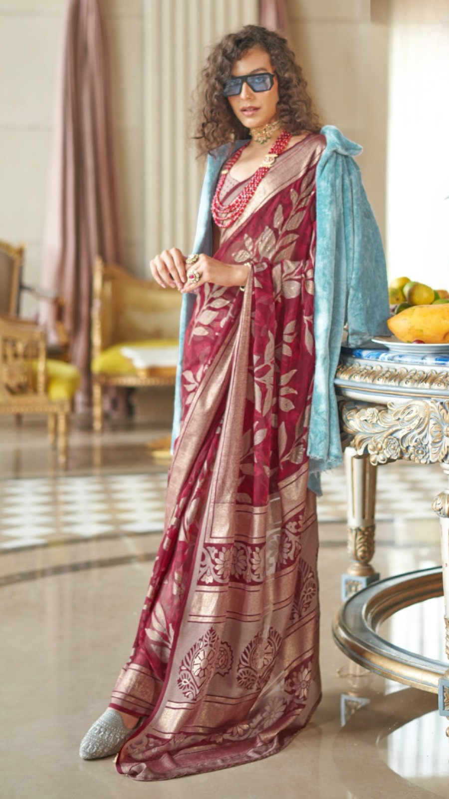 Red Floral Brasso Georgette Silk Saree