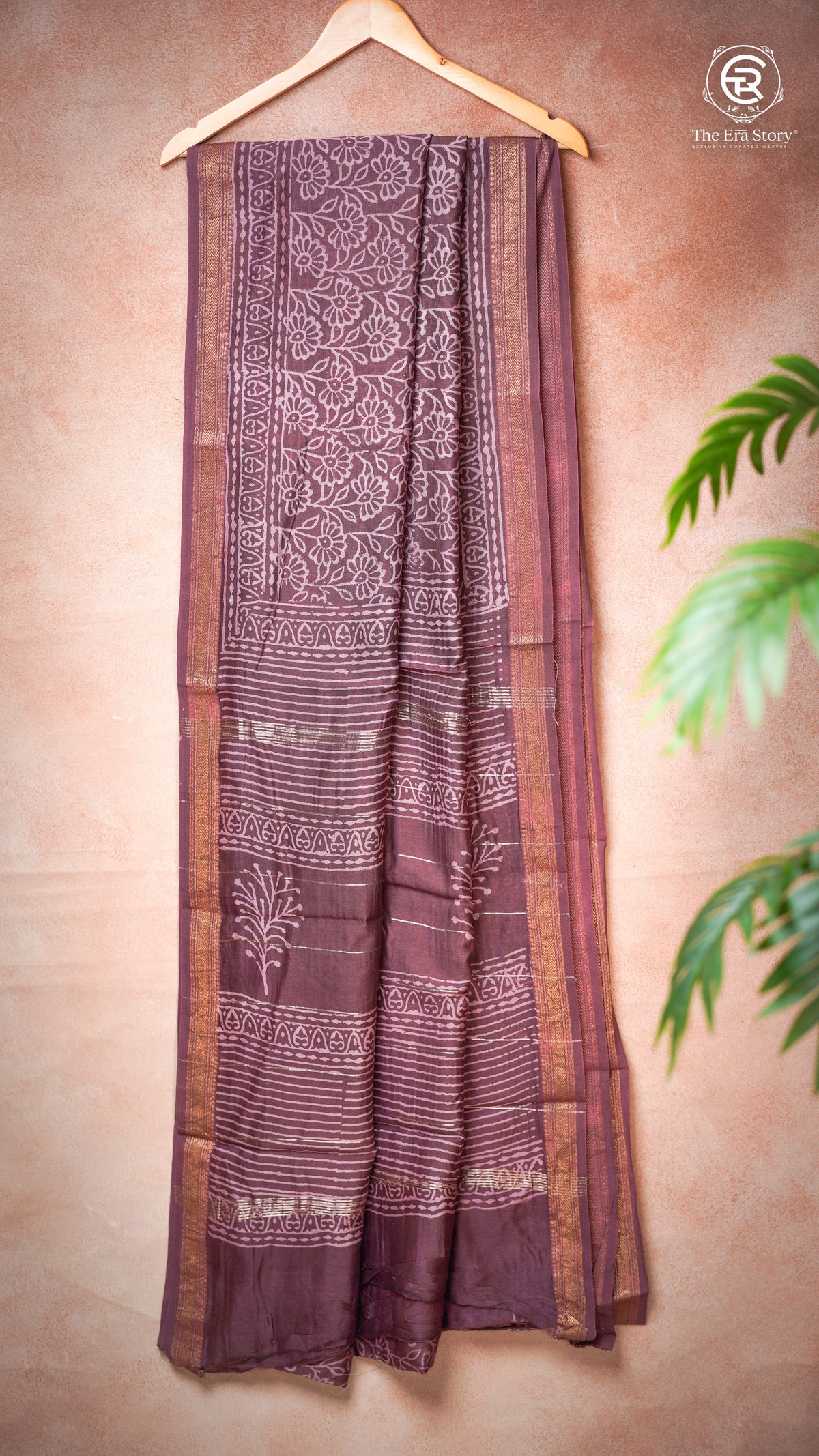 Dusty Rose Floral Handblocked Pure Maheshwari Cotton Saree
