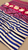 Gold and Blue Striped Ajrakh Satin Gajji Silk Saree