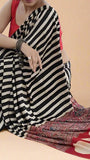 White and Black Striped Ajrakh Contemporary Satin Crepe Modal Silk Saree
