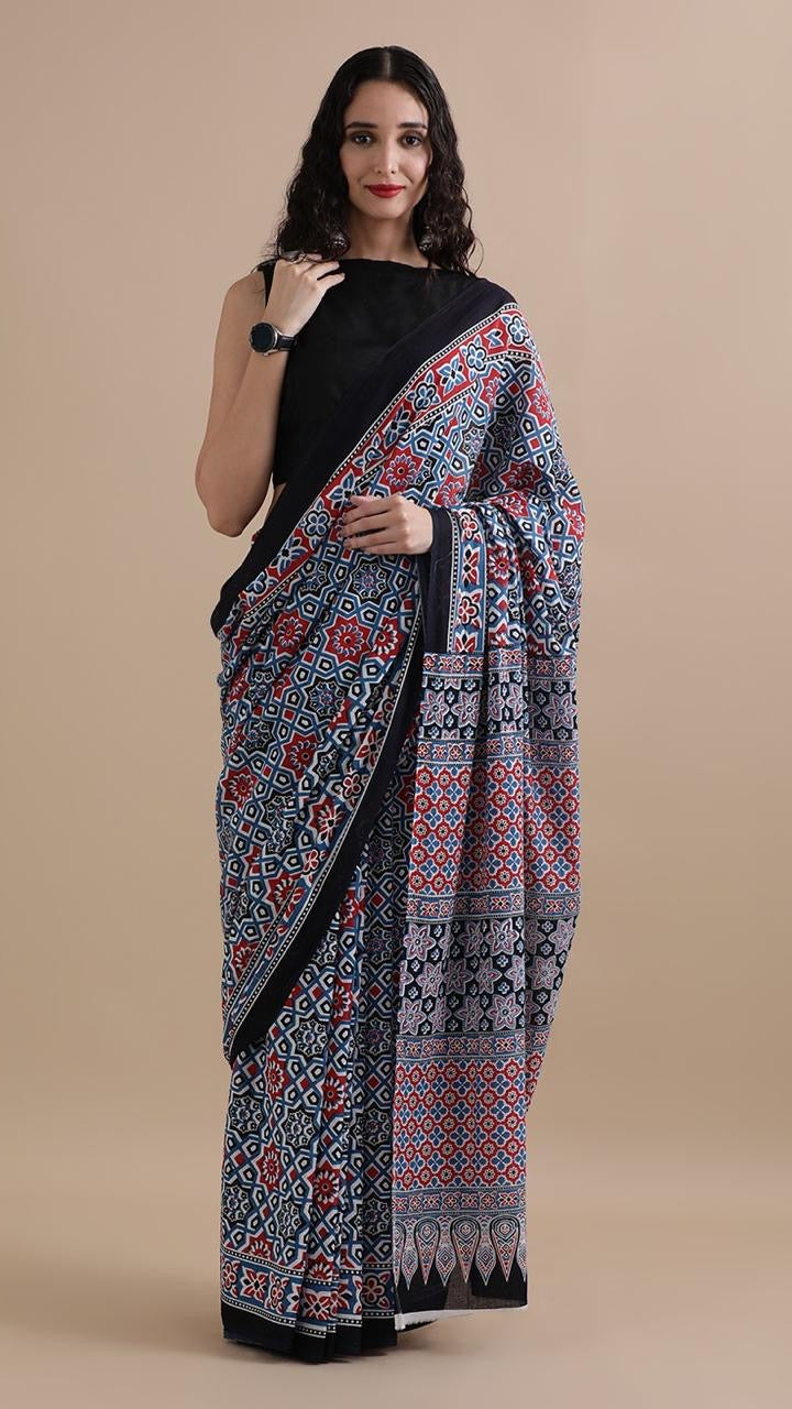 Blue Red & Black Mulmul Cotton Saree