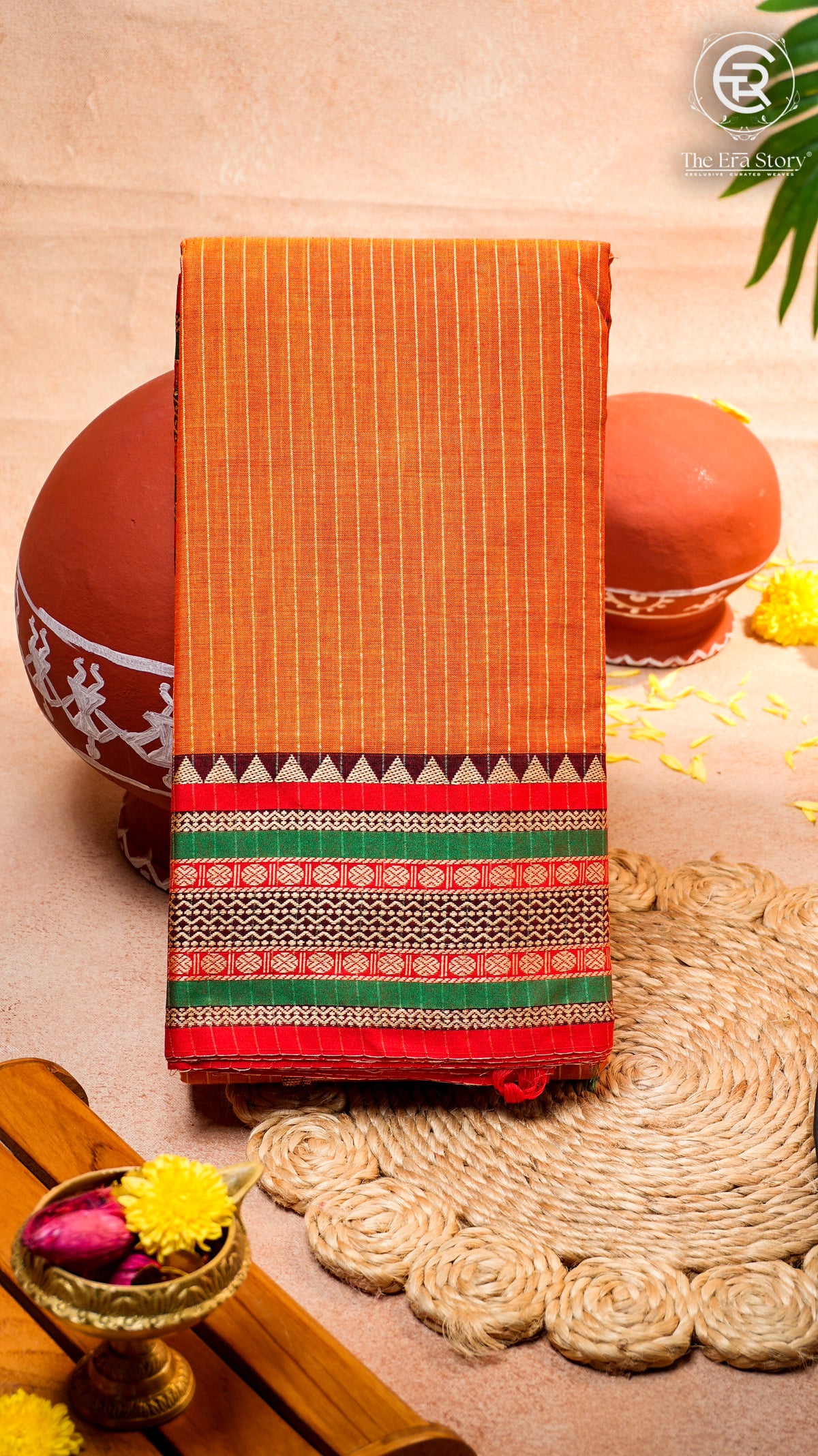 Orange and Red Line Patterned Temple Border Handloom Narayanpet Cotton Saree