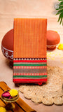 Orange and Red Line Patterned Temple Border Handloom Narayanpet Cotton Saree