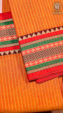 Orange and Red Line Patterned Temple Border Handloom Narayanpet Cotton Saree