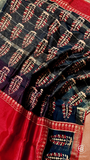 Red & Black Pine Cone Floral Handblocked Pure Maheshwari Cotton Sarees
