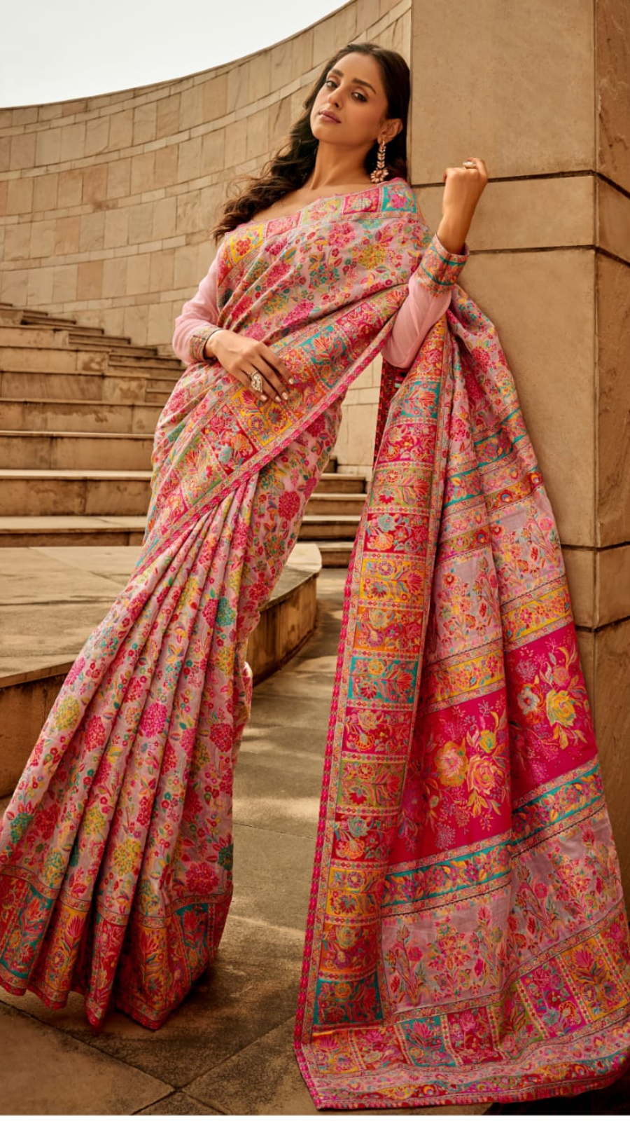 Pink Full Floral Pure Kashmiri Festive Weave Cotton Saree