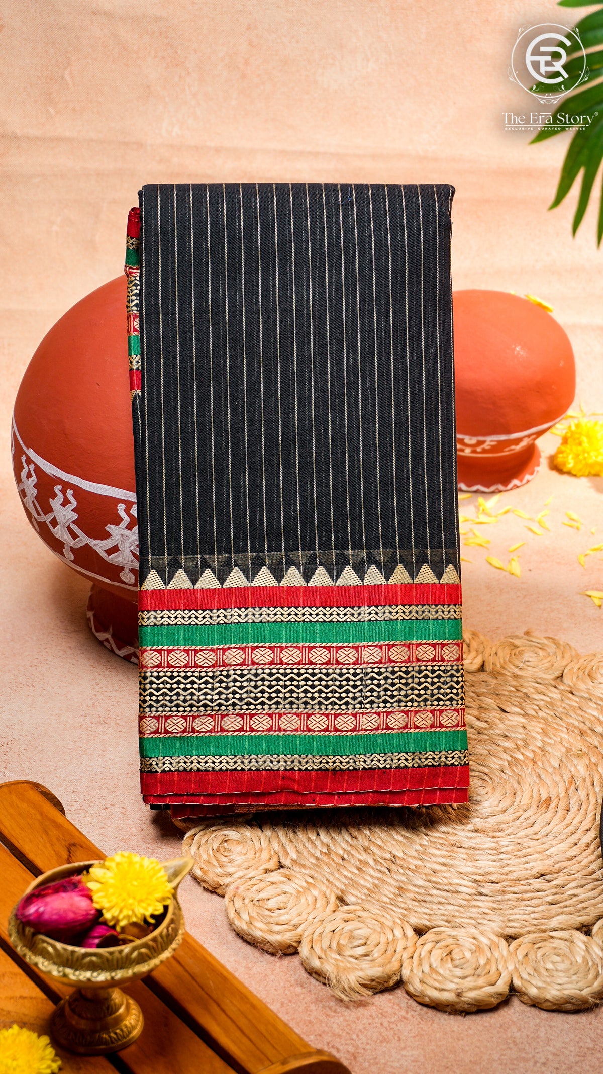Black and Red Line Patterned Temple Border Handloom Narayanpet Cotton Saree