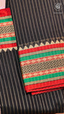 Black and Red Line Patterned Temple Border Handloom Narayanpet Cotton Saree