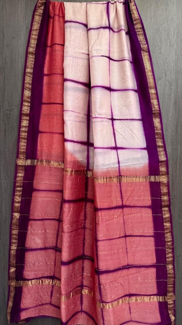Pink Magenta & Beige Handblock Maheshwari Silk Cotton Saree