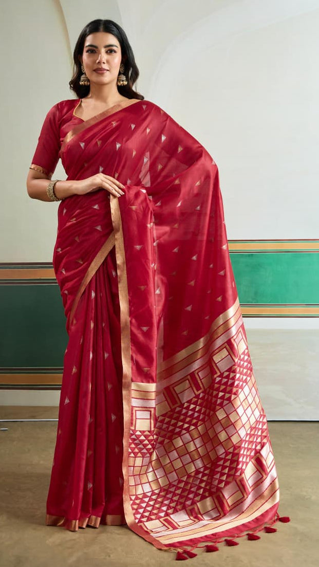 Red Triangle Ikkat Handloom Tussar Silk Saree