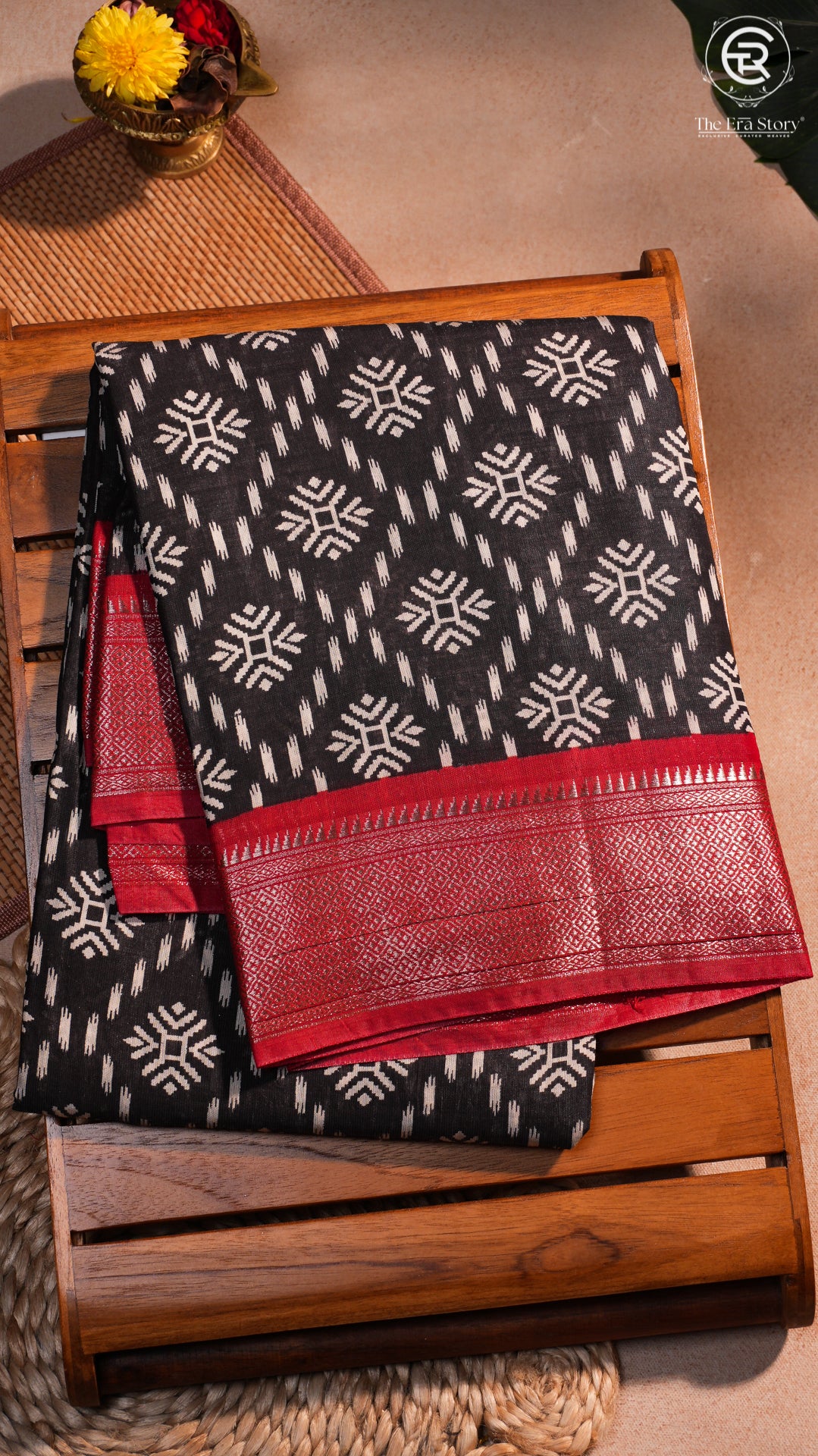Black & Red Star Patterned Munga Handloom Cotton Saree
