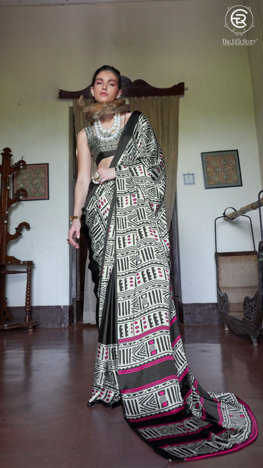 Black White & Pink Contemporary Satin Modal Silk Saree