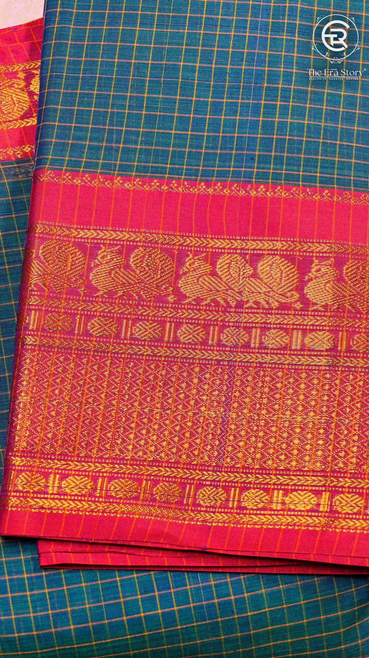 Peacock Blue & Red Zari Peacock Border Handloom Narayanpet Cotton Saree