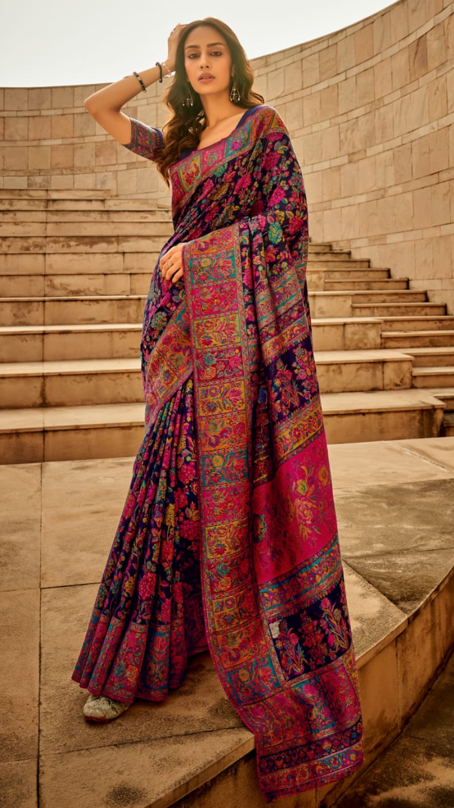 Blue Full Floral Pure Kashmiri Festive Weave Cotton Saree