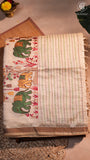 Half-White Green & Gold Elephant Embroidered Jamdani Cotton Saree