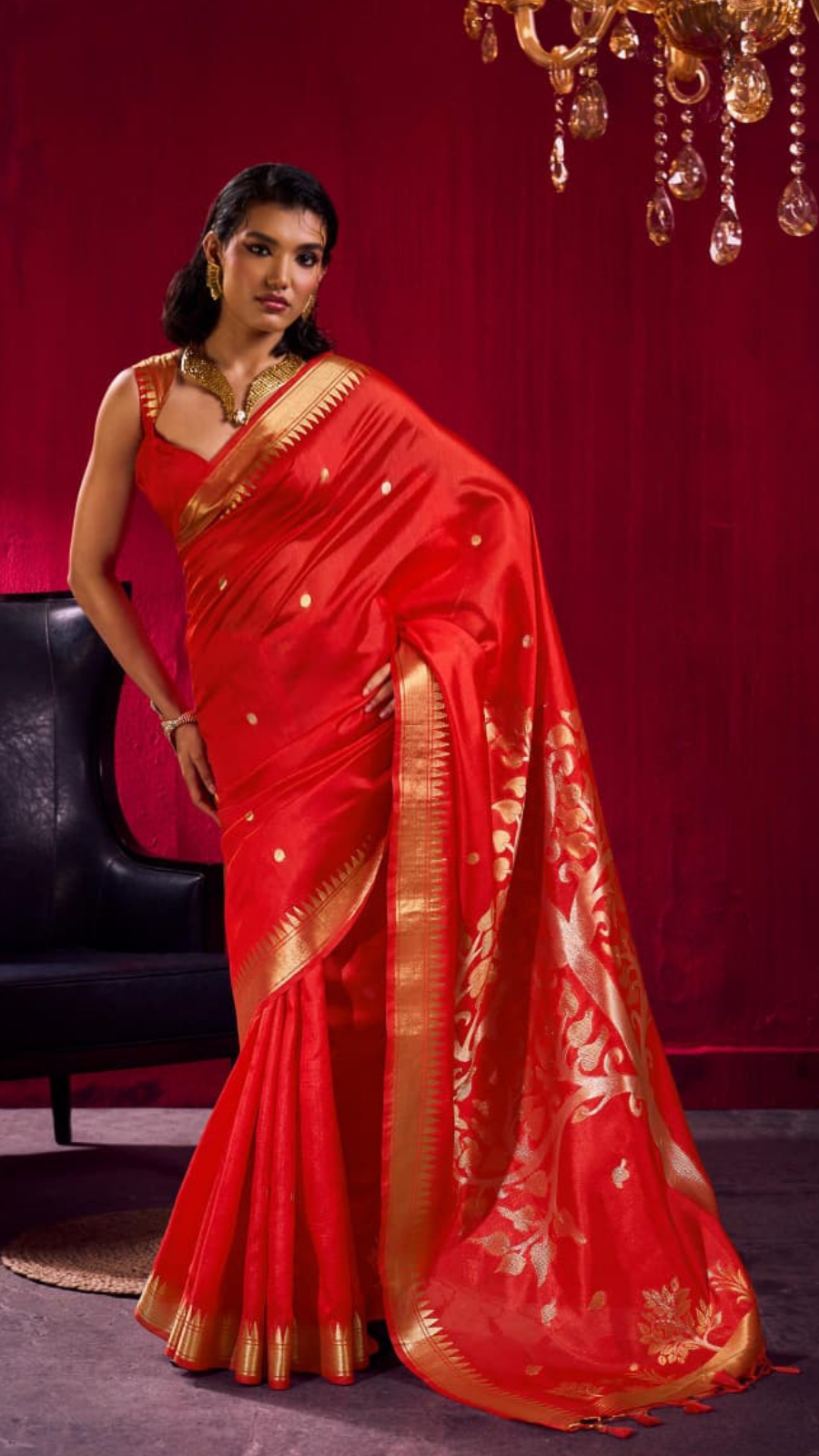 Red Temple Tree Tussar Silk Saree