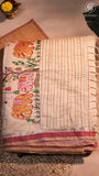 Half-White Yellow & Pink Elephant Embroidered Jamdani Cotton Saree