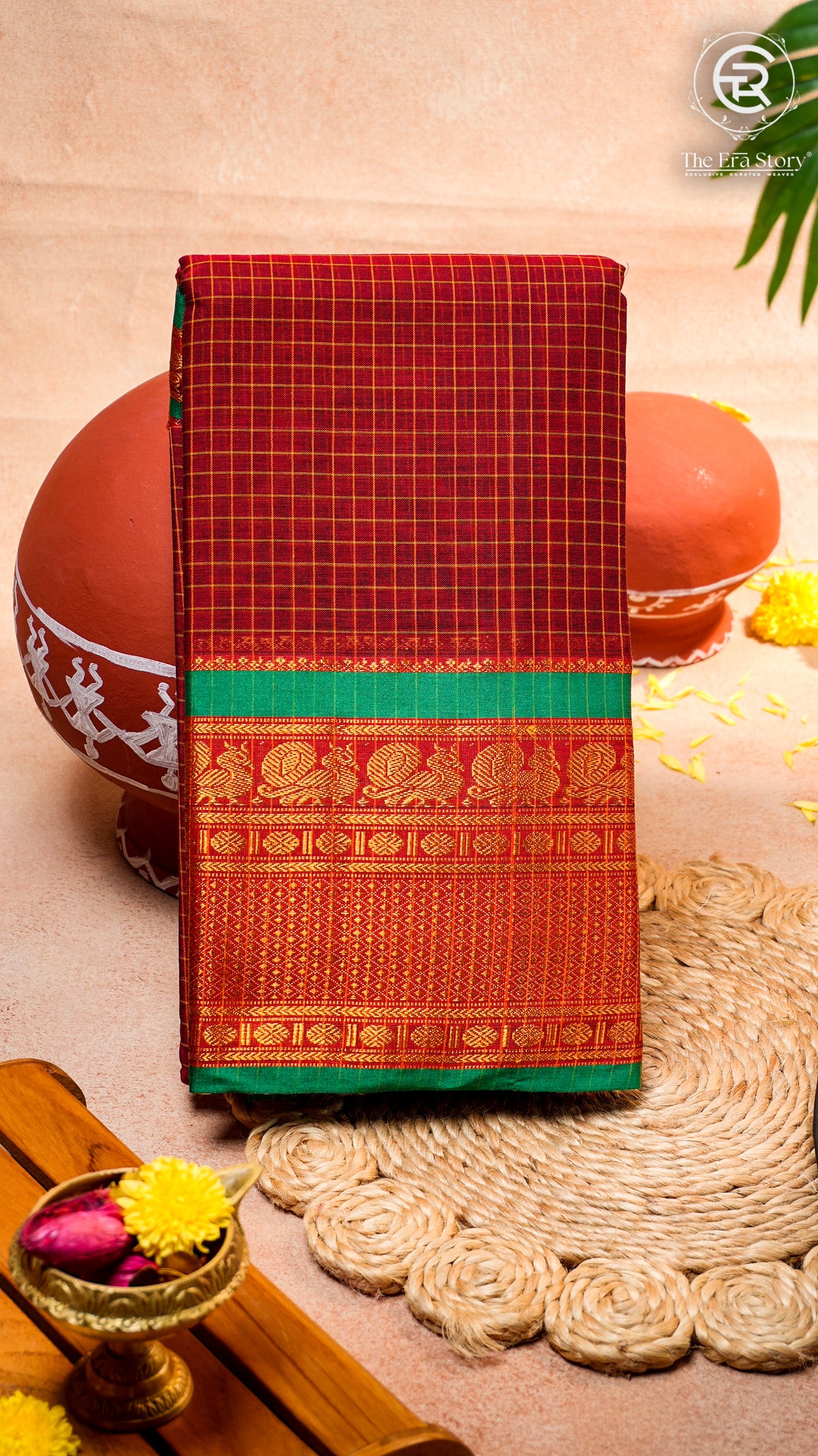 Maroon & Green Checkered Zari Peacock Border Handloom Narayanpet Cotton Saree