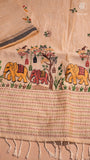 Half-White Gold & Pink Elephant Embroidered Jamdani Cotton Saree